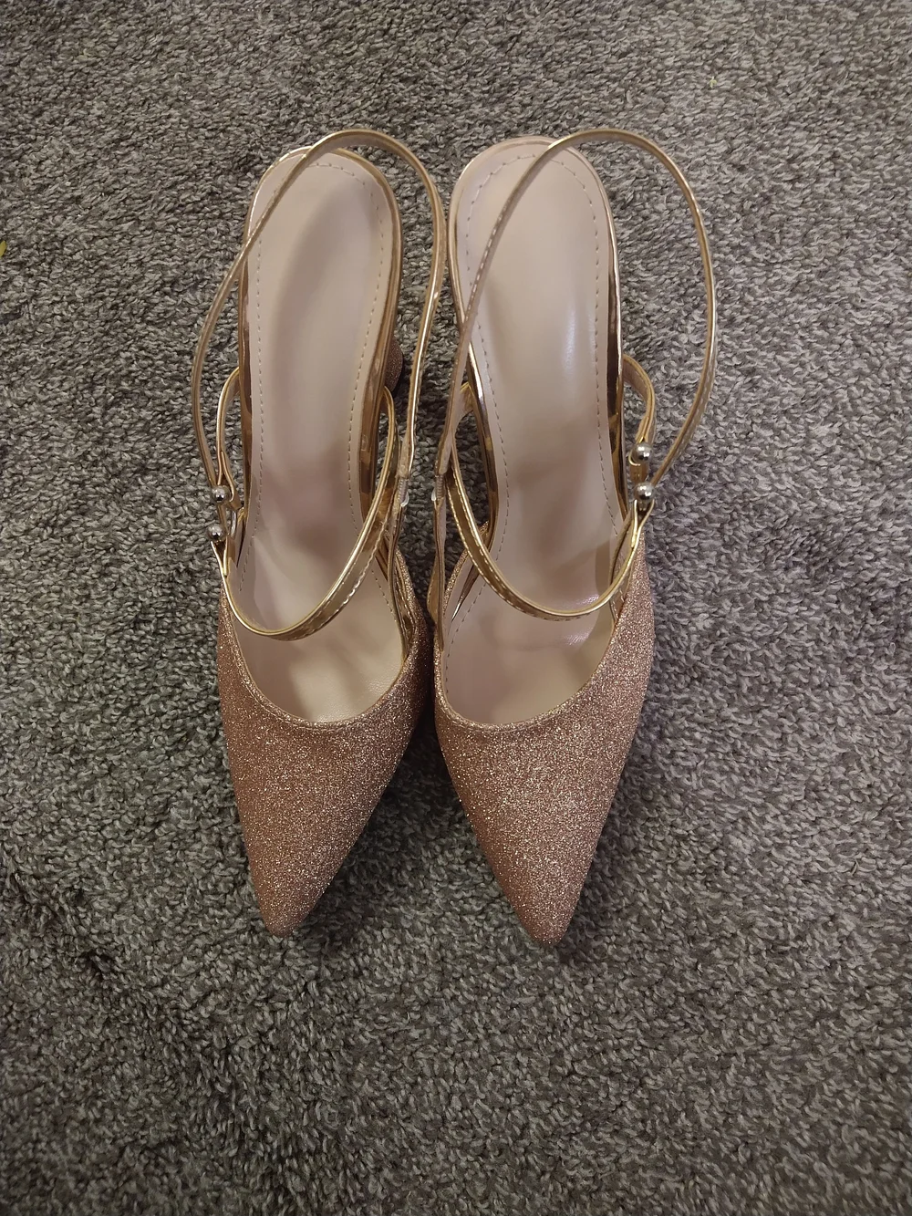 Pointed-Toe Glitter Slingback Heels in Rose Gold
